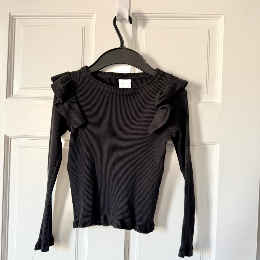 Zara Black Ribbed Long Sleeve Top with Shoulder Ruffle